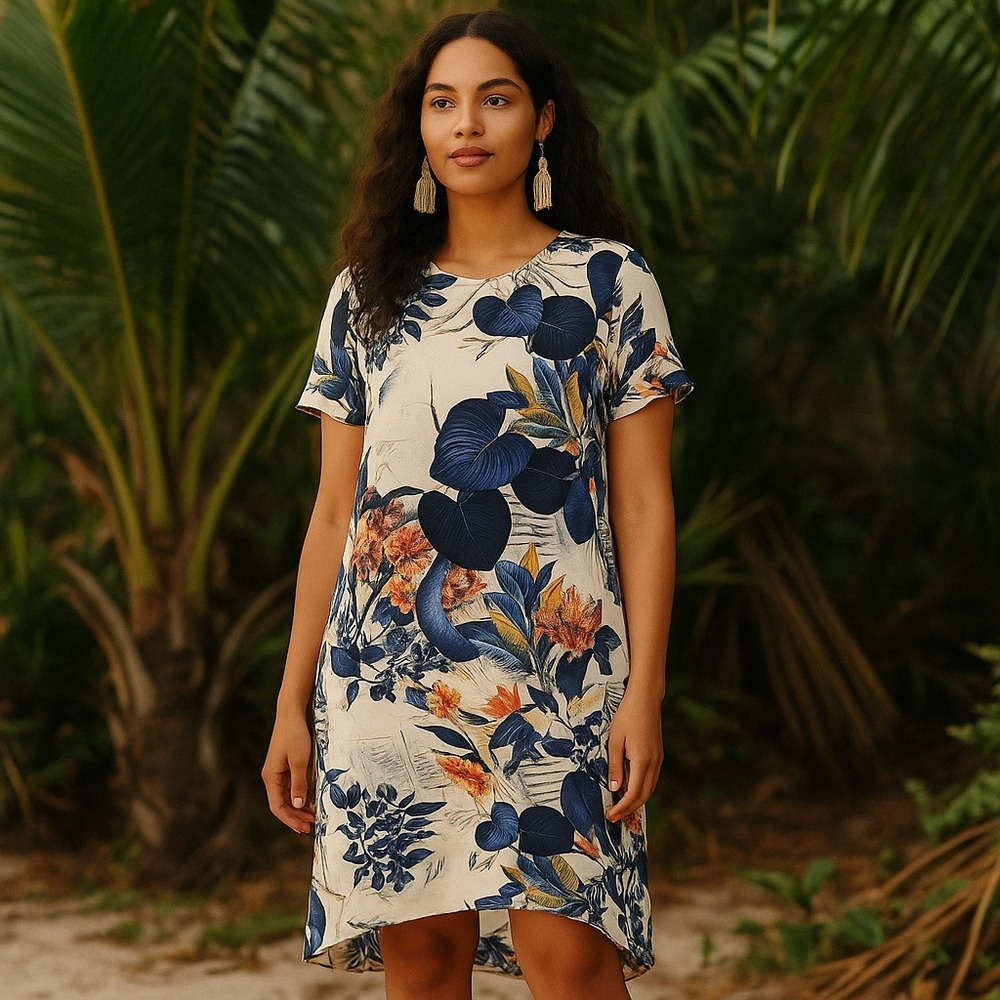 StyleWe Women's L Floral Silk Dress Tropical Hi Low Short Sleeve Tunic Midi Boho